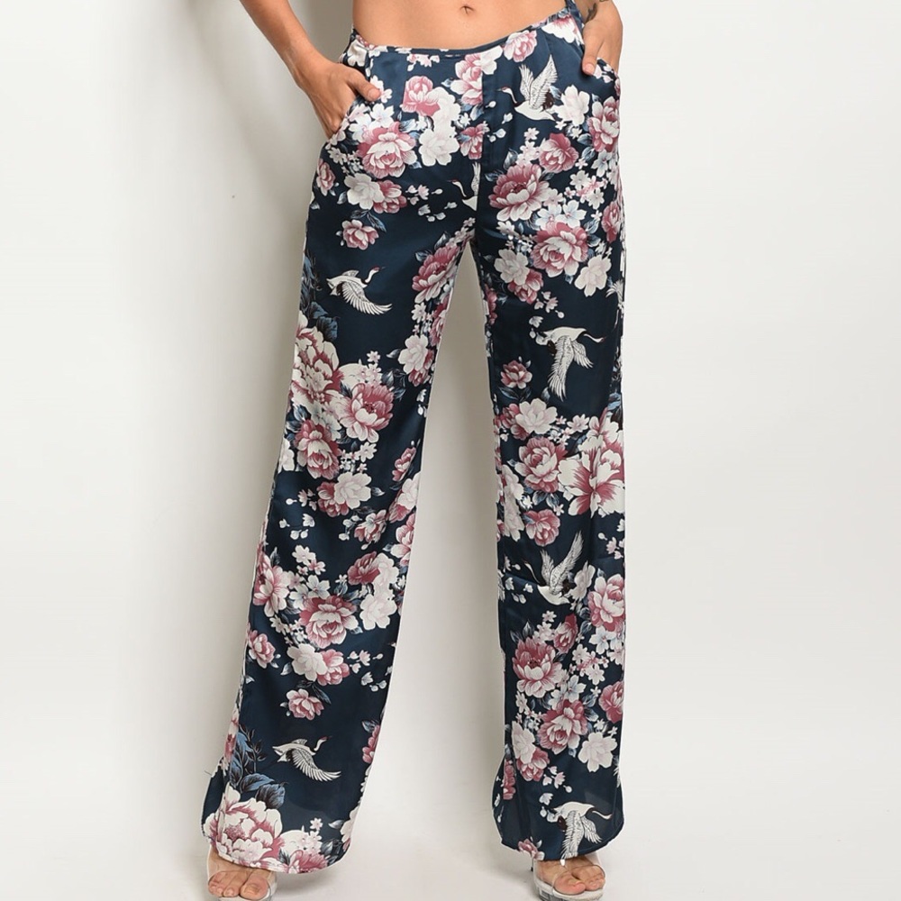Dark teal floral satin pants